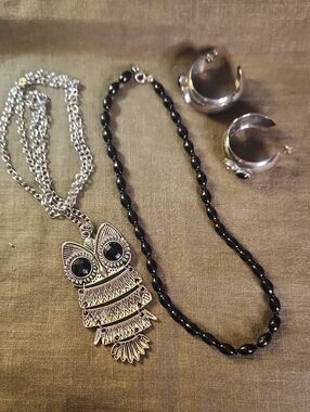 Jewelry Bundle | Owl Necklace, Black Glass Beaded Necklace & Silver‑Tone Earring